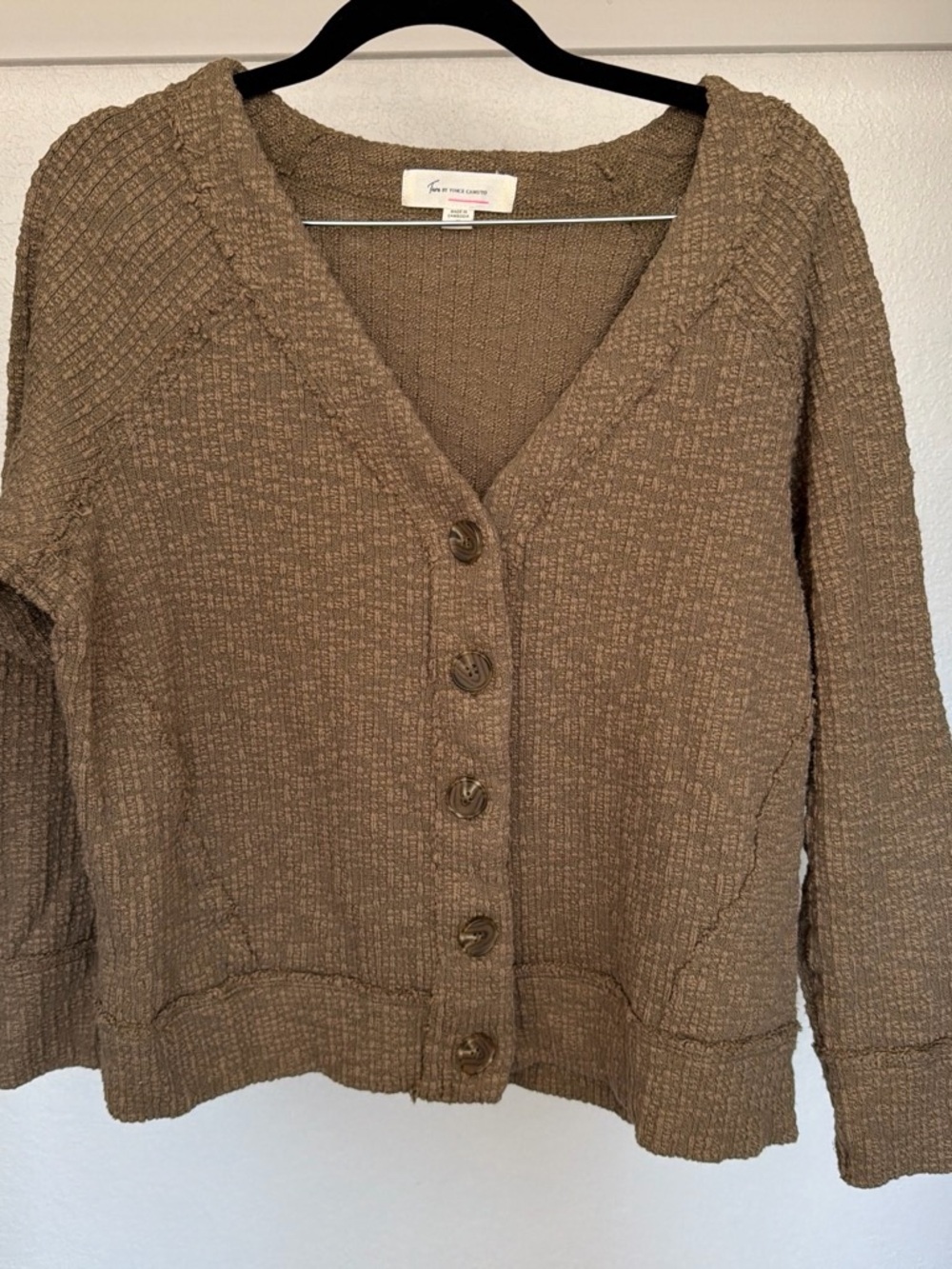 Vince Camuto Textured V-Neck Button Cardigan in Camel Brown